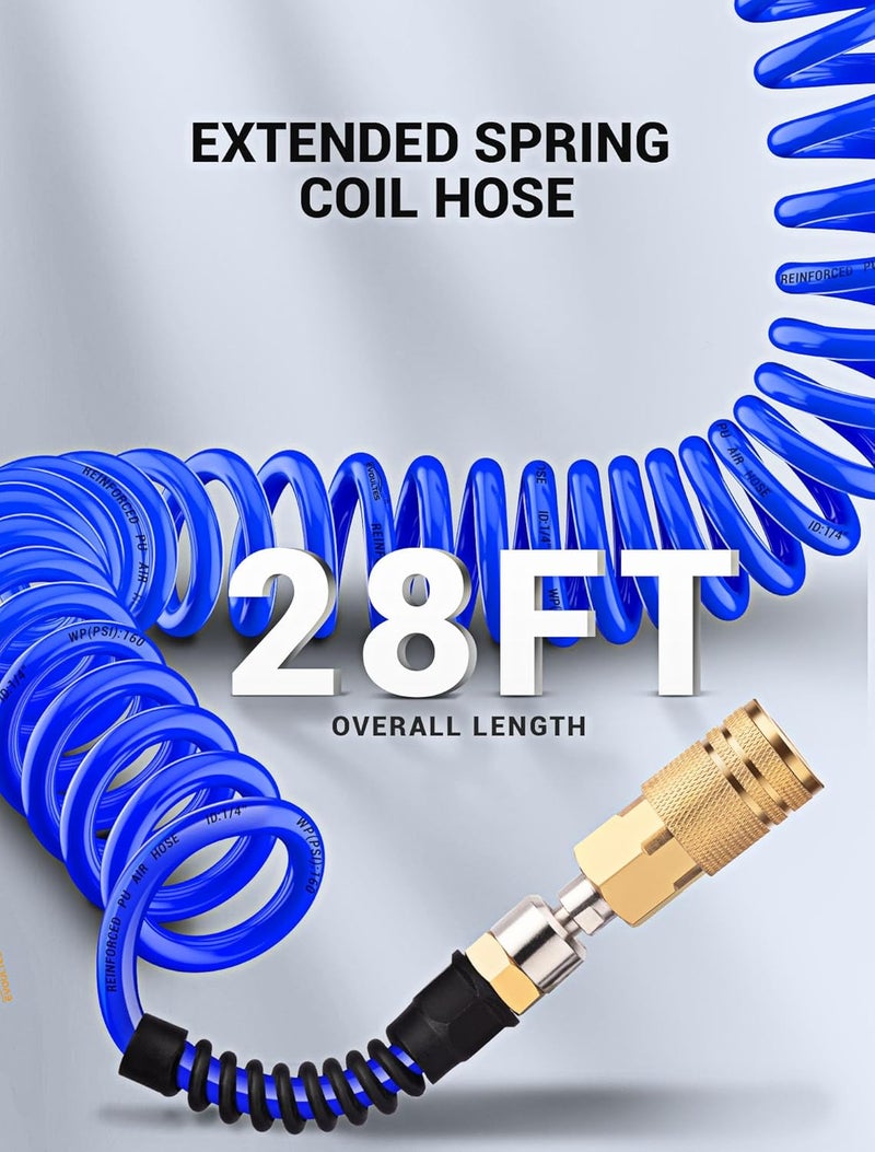 EVOULTES 1/4 In x 28 Ft Polyurethane Recoil Air Compressor Hose, Upgraded Air Hose with Repairable Bend Restrictor, Air Hose kit w/ 360° Swivel 1/4" NPT Coupler & Brass Quick Connect Air Fittings - Image 2